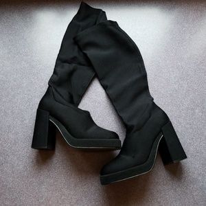 Boots, knee high, stretch fabric  platforms
